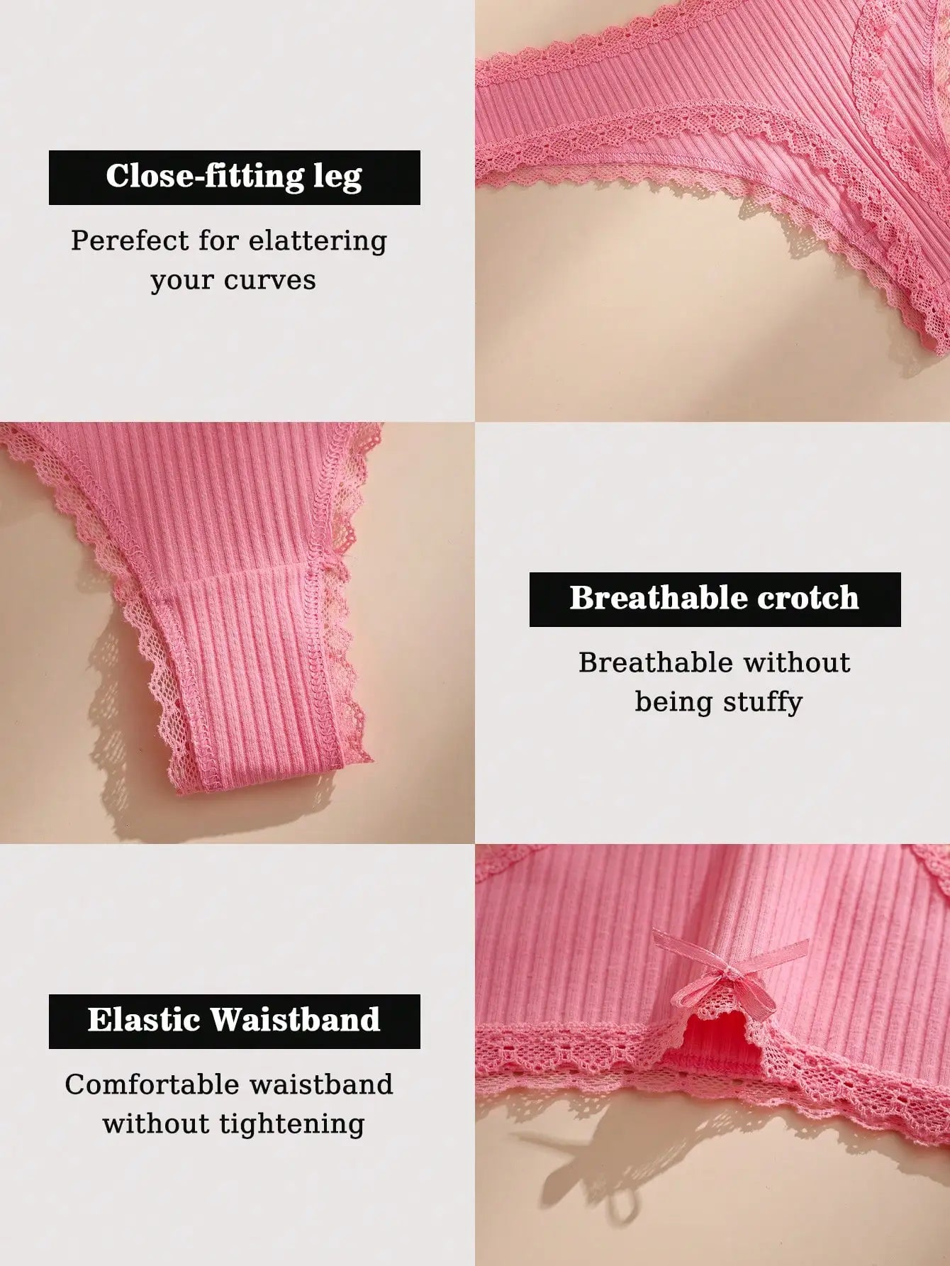 Random color 8-piece set of women's solid thin lace-trimmed thong panties, with cute little bows.