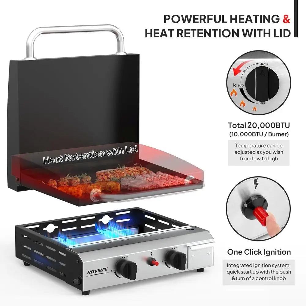 2 Burner Portable Propane Griddle with Enameled Tray & Lid, 20,000 Tabletop  Top Gas Grill with Electric Ignition & Regulator.