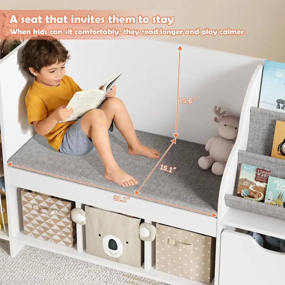 Children's Reading Corner with Storage, Animal Holder, Cushioned Seat,.