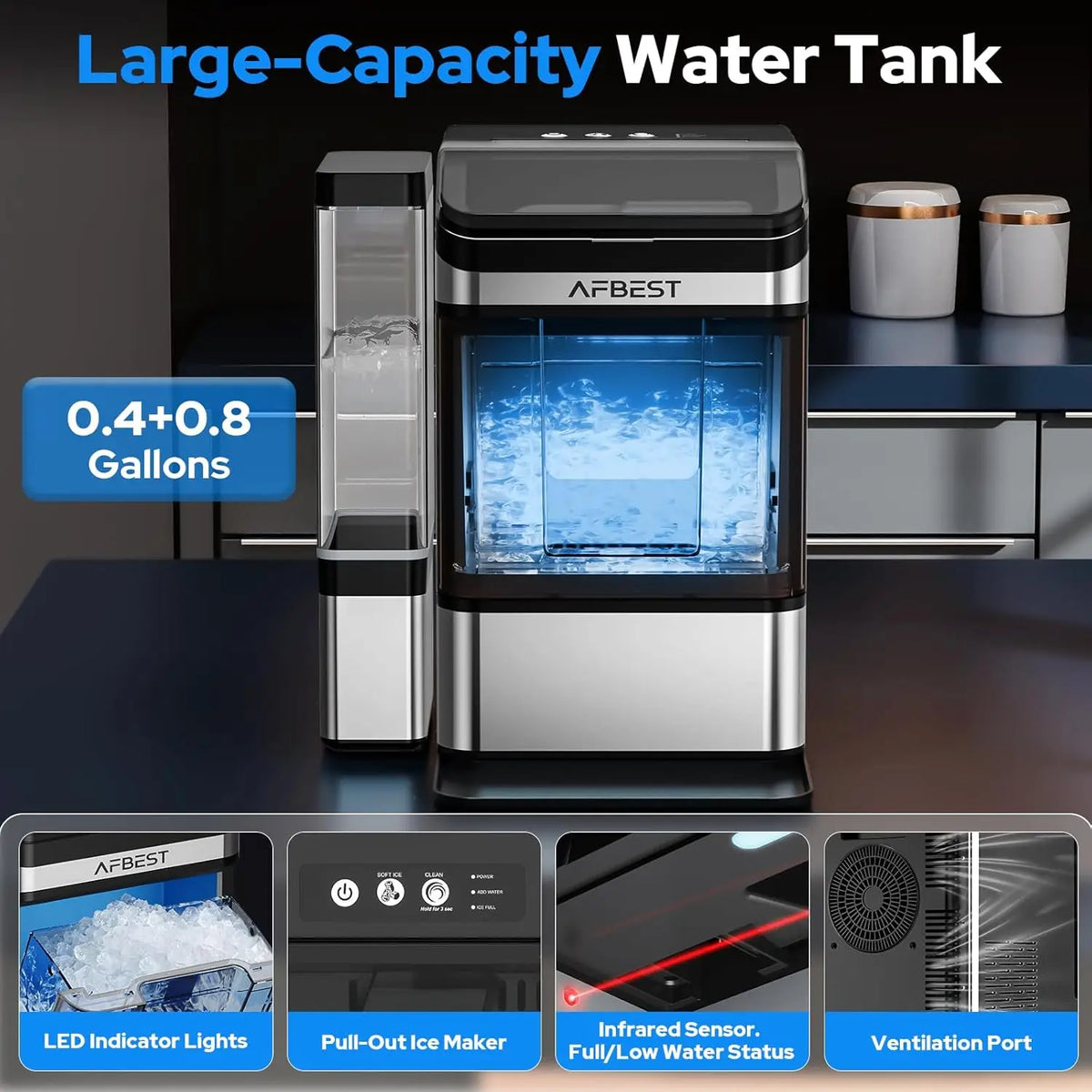 Large Capacity Countertop Nugget Ice Maker – 38 lbs/24H, Chewable Soft Ice, One-Touch Self-Cleaning, Dual Water Tanks (3L+1.5L),.
