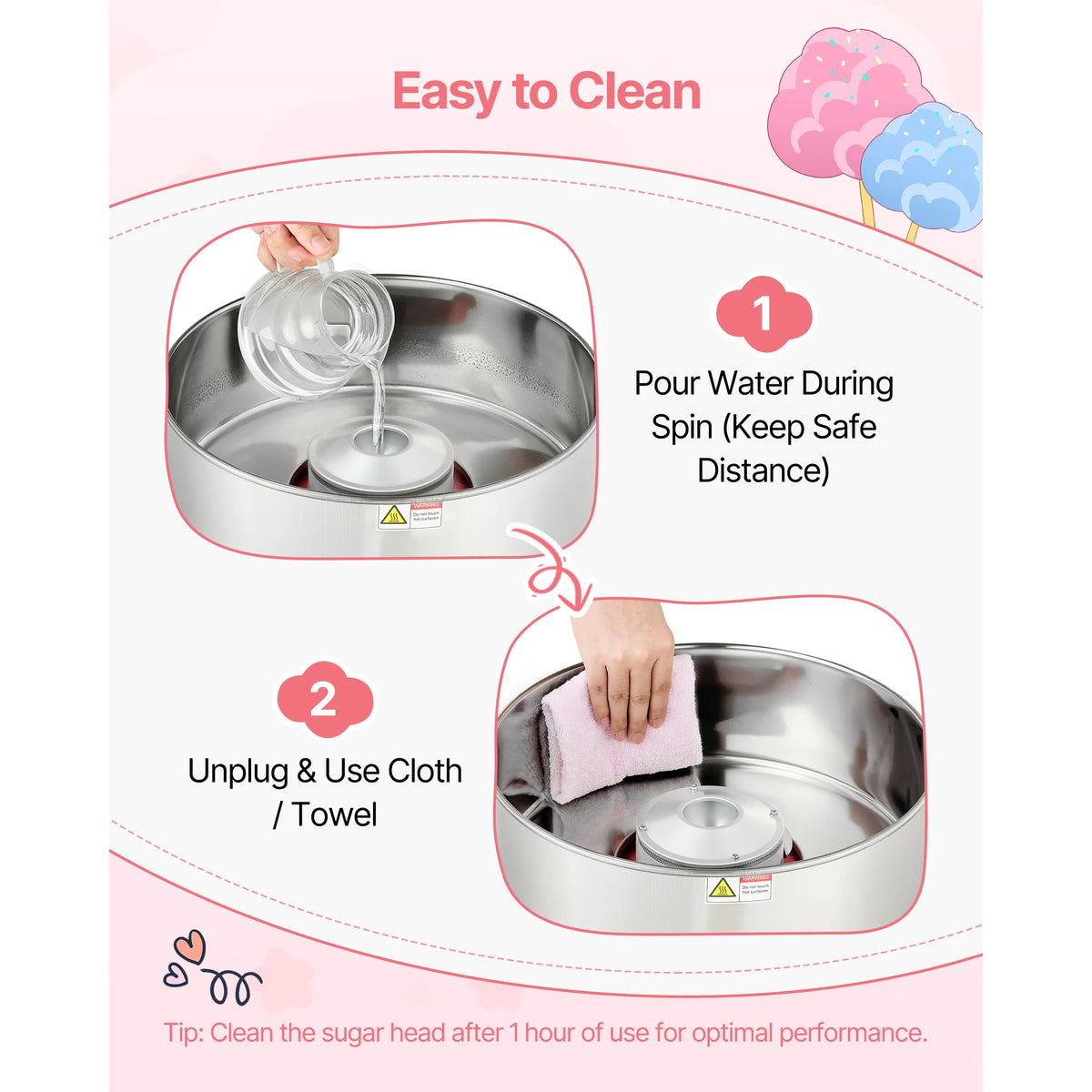 SucceBuy Cotton Candy Machine Commercial, 1000W Electric Candy Floss Maker Sugar Machine with 15 inch Stainless Steel Bowl