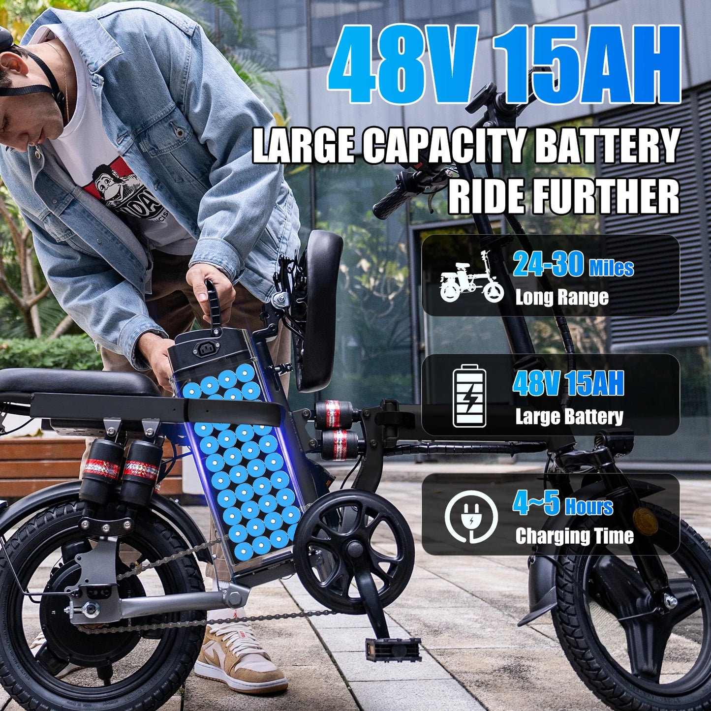 500W adult folding electric bicycle, all-carbon steel frame, full suspension, 25MPH, 30Mlies, 48V15Ah,
