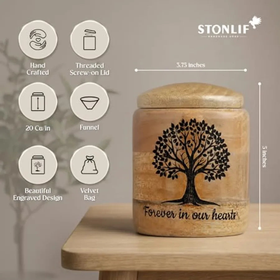 Wooden Cremation Urn for Ashes birch Tree of Life Engraved Keepsake Urn, Natural Wood, Memorial for Pet or Small Remains