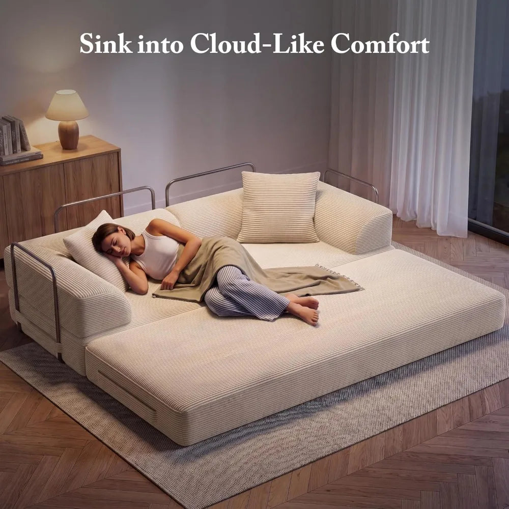 70" Convertible Floor Sofa Bed - 5-in-1 Foldable Couch with High-Density Sponge, Corduroy Fabric (Beige)