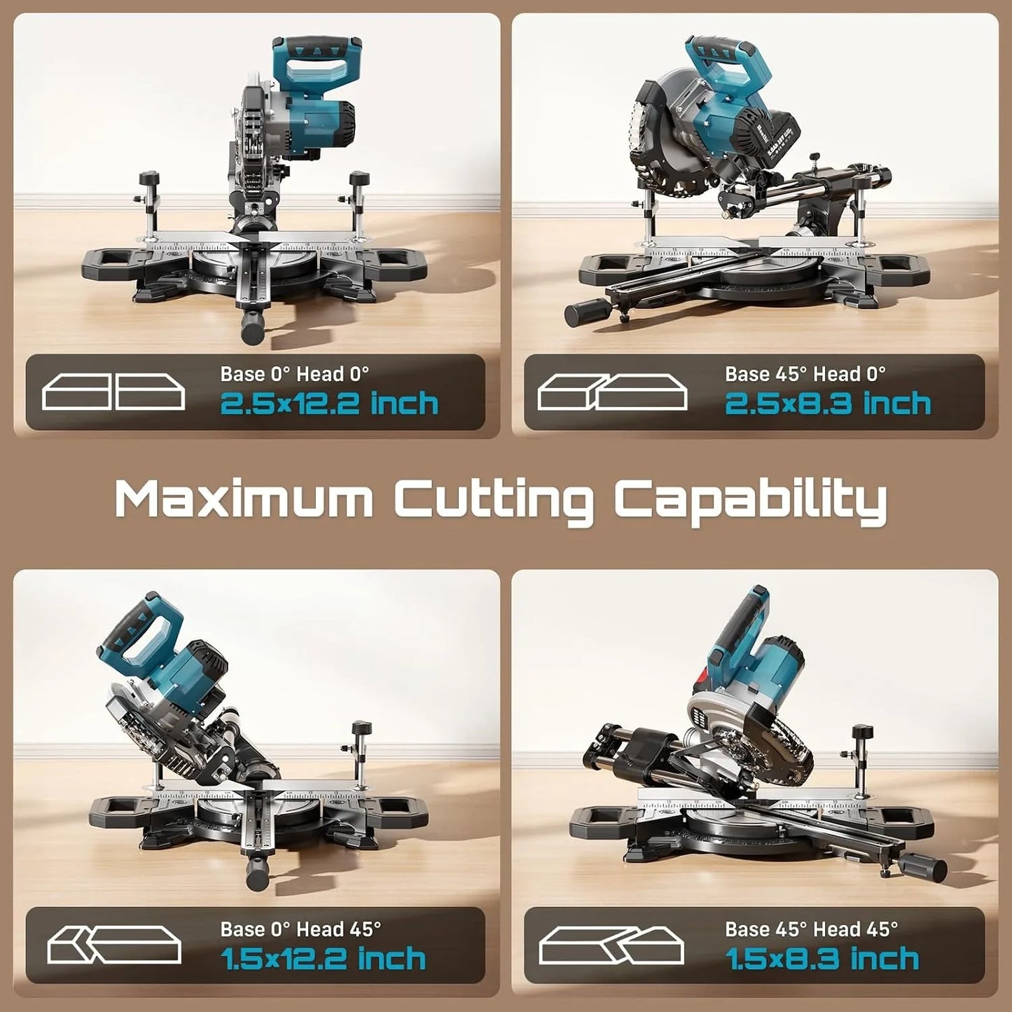 8-Inch Sliding Compound Miter Saw Cordless Power Miter Saw with Laser Guide 2 pcs 5000 . Batteries Single Bevel 45° 24T TCT Blade Max Cut 2.5×12-inch .