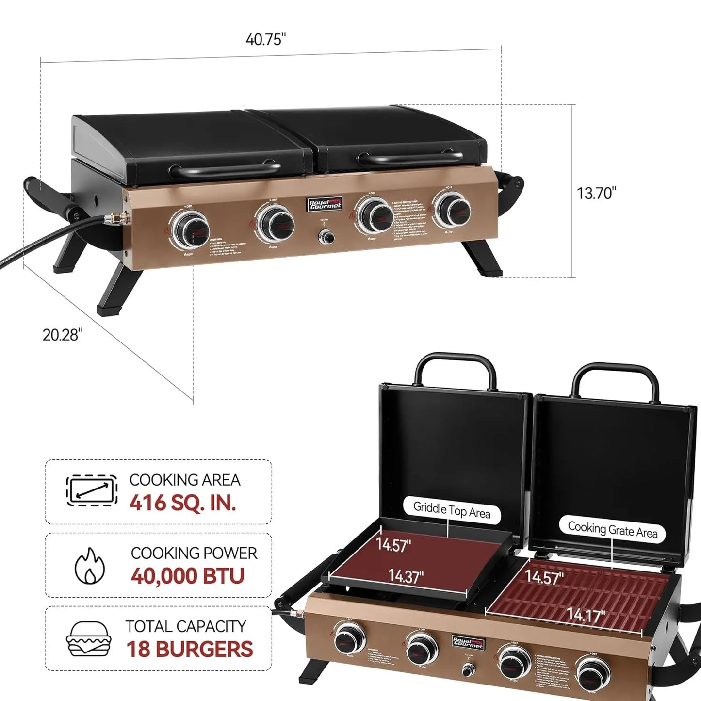 .Portable Tabletop Grill & Griddle Combo with Hood, 4-Burner Portable Propane Gas Grill Griddle Combo .