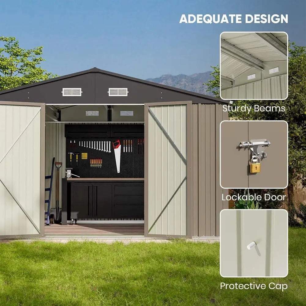 10x8ft Outdoor Storage Shed - Large Metal with Sloping Roof and Double Lockable Doors,