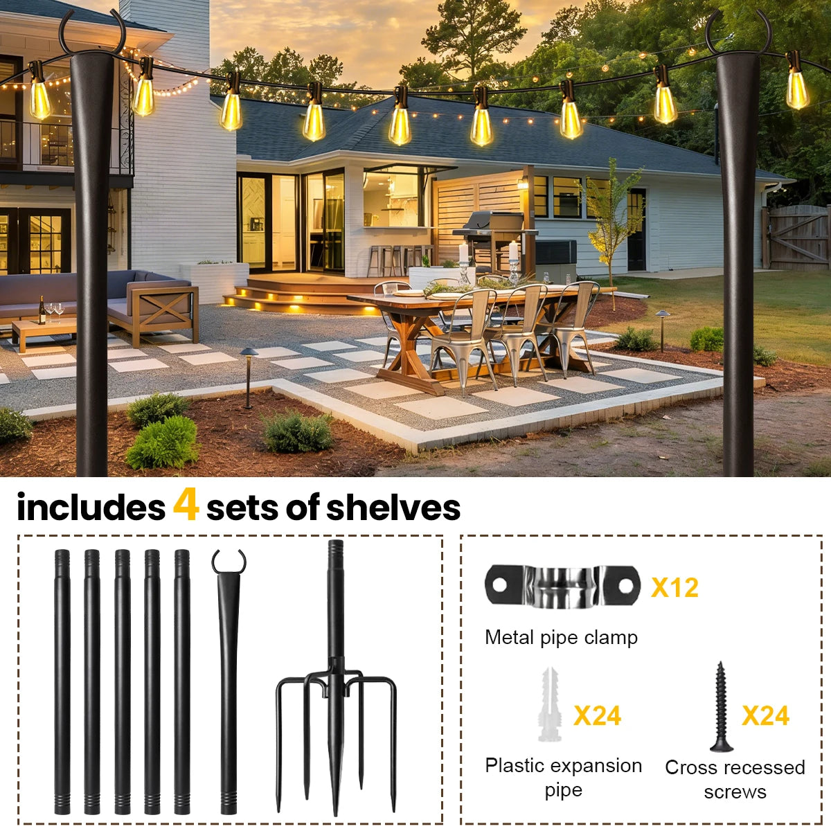 6/4/2pcs 10ft Metal String Light Poles with Fork ,Waterproof Adjustable Heavy-Duty Lighting Stand .