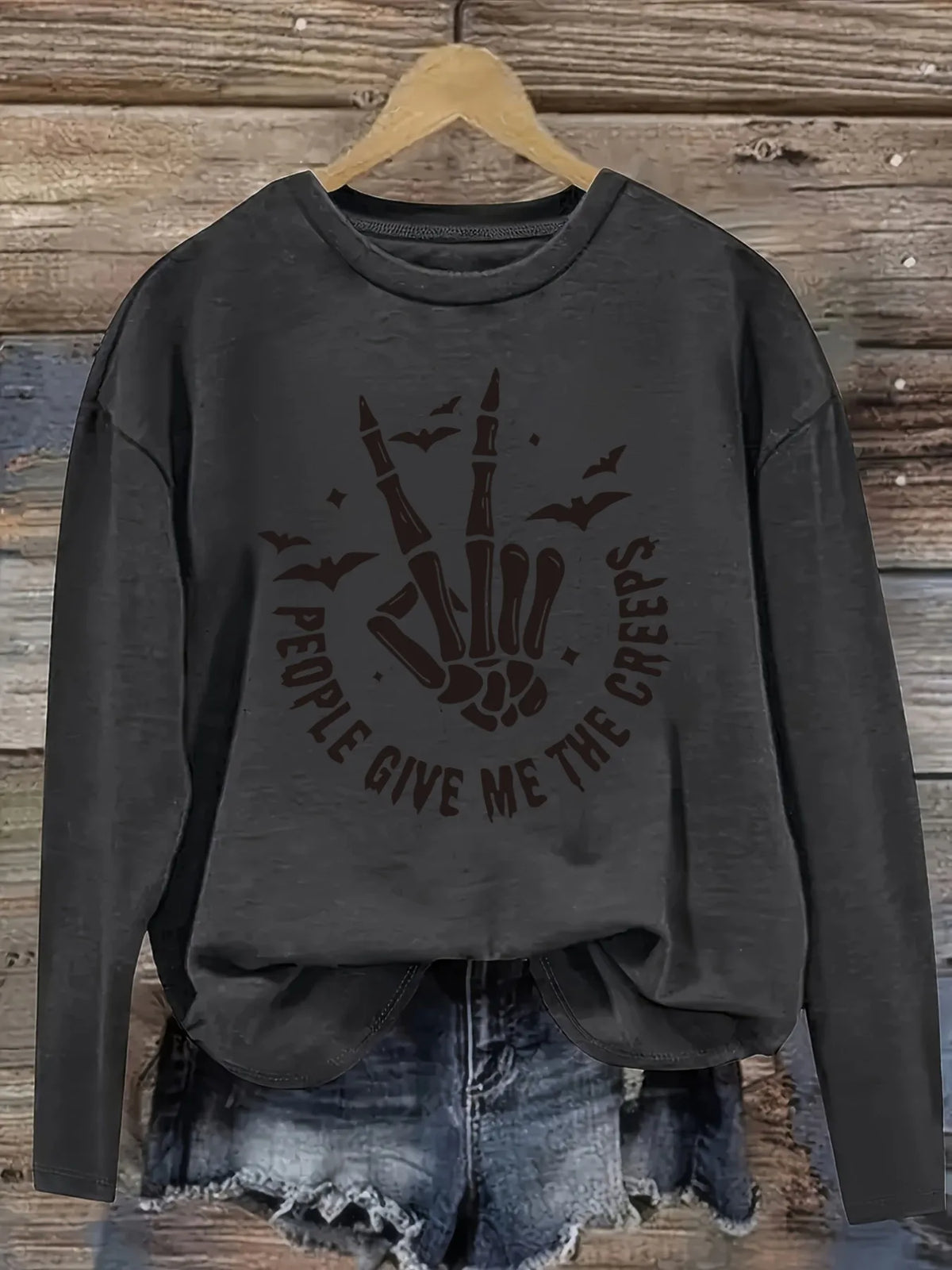 Women's Casual Long Sleeve Crew Neck T-Shirt Skeleton Hand Give Creeps Design.