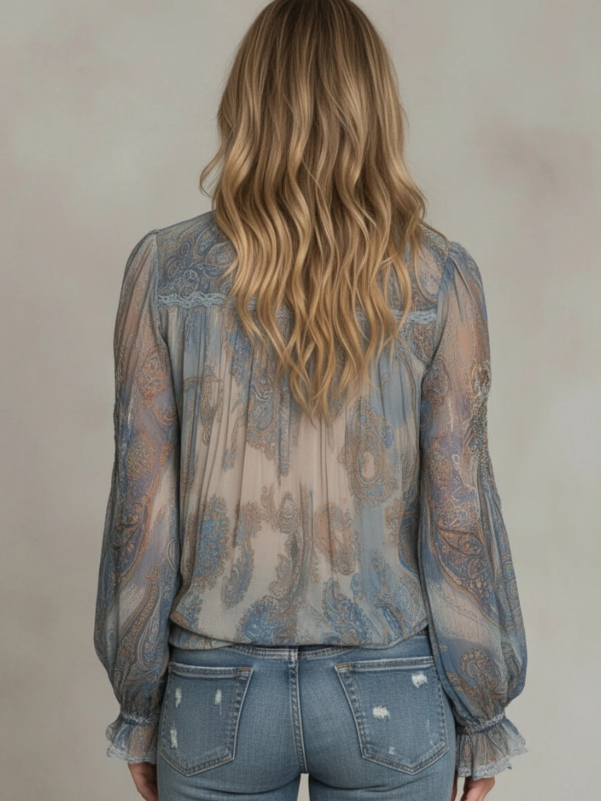 Paisley Print Ruffled High Neck Blouse For Women Tie Front Long Puff Sleeve Ruffle Cuff .