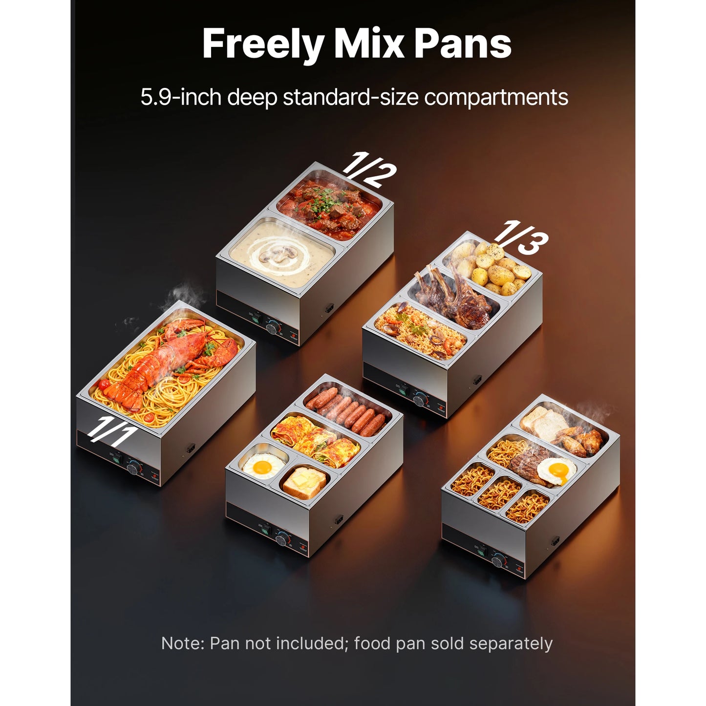 SucceBuy Commercial Food Warmer 1500W Electric Stainless Steel Steam Food Warmer with Power Cord & Divider Strip