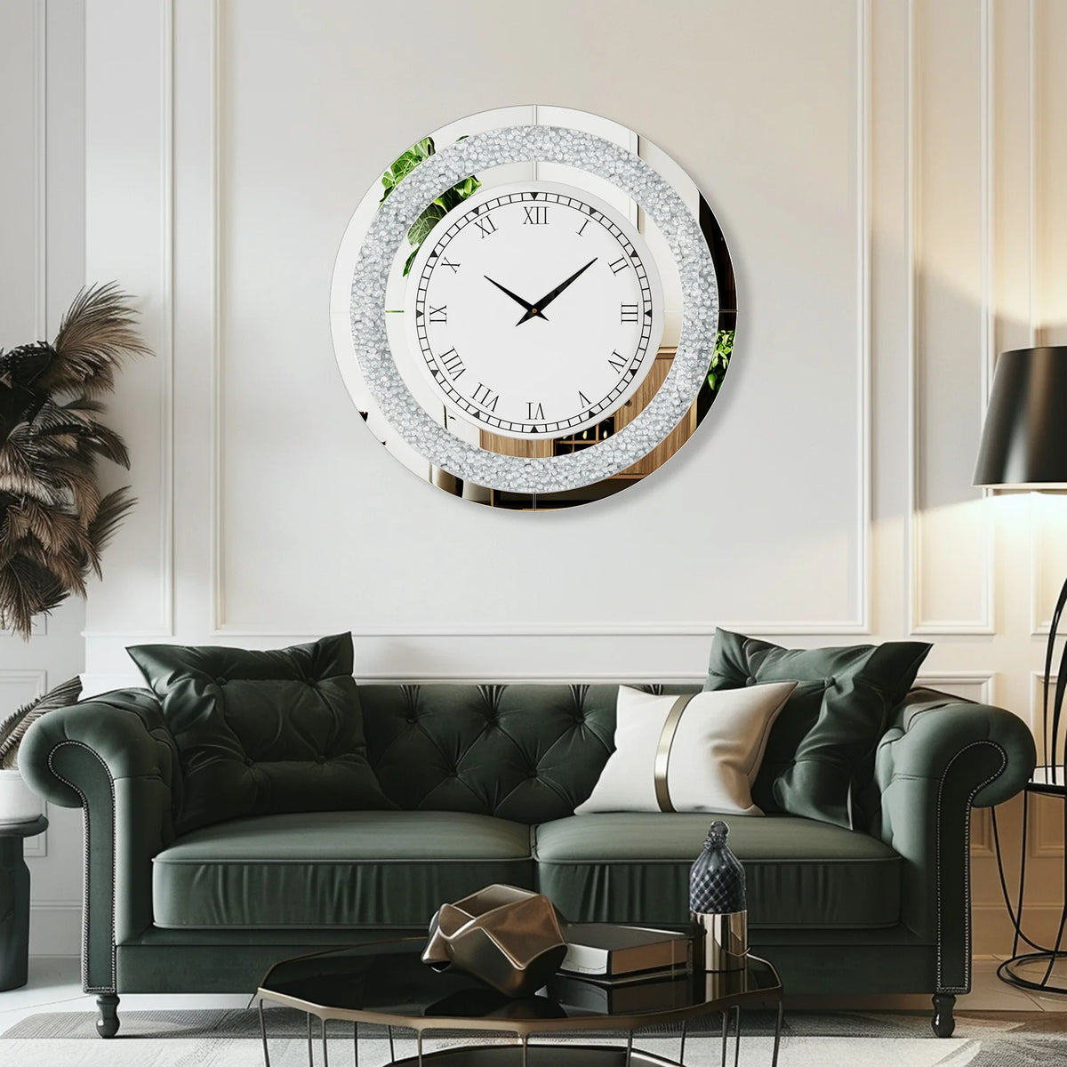 Large Mirror Wall Clock with Crushed Diamond Edge, Sparkling Bling Bling Crystal Round Clock. Luxury Glamorous Home Decor, Silent Non-Ticking Quartz, .