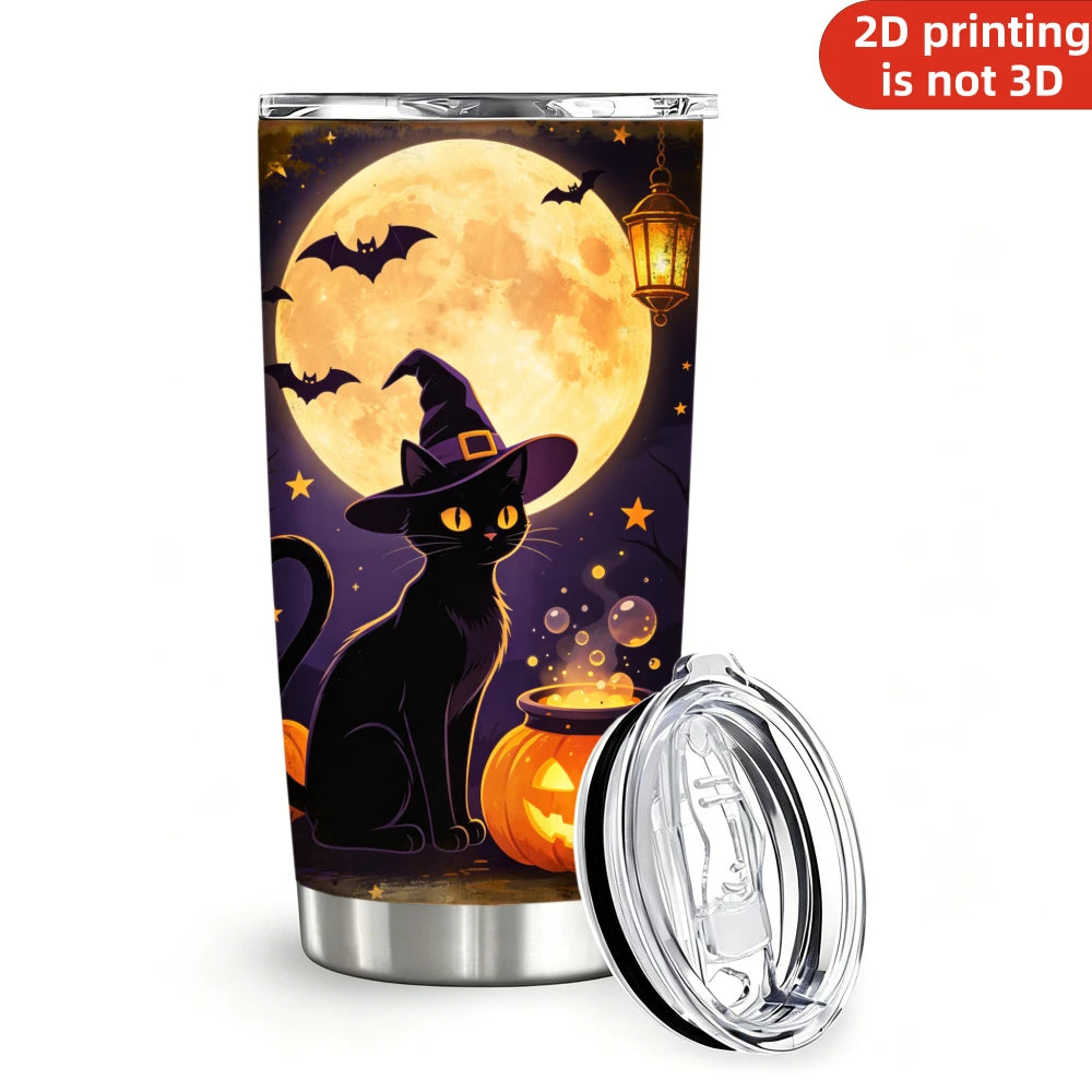 20oz Halloween Black Cat Witch Printed Stainless Steel Tumbler with Lid and Straw, Full Moon Glowing Pumpkin Cauldron Spooky Night .