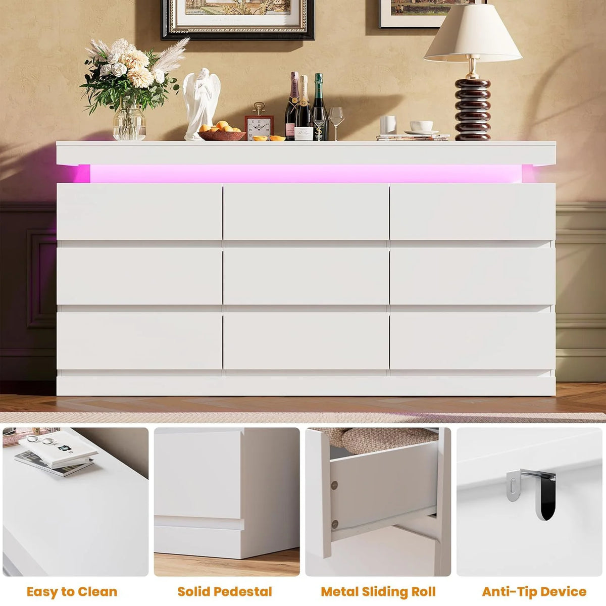 63in 9 Drawer Dresser With LED Lights & Charging Station, .