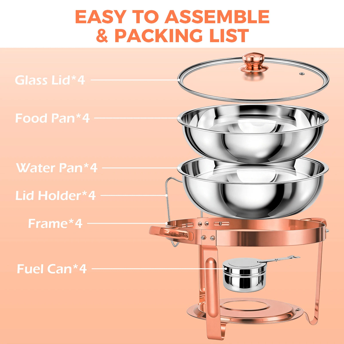 Chafing Dish Set Gold-Plated 5QT Round Warmer Server Stainless Steel 316 with Glass Lids .