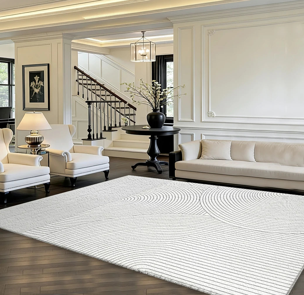 Black White Curved Line Abstract Bauhaus Area Rug Non Slip Washable.