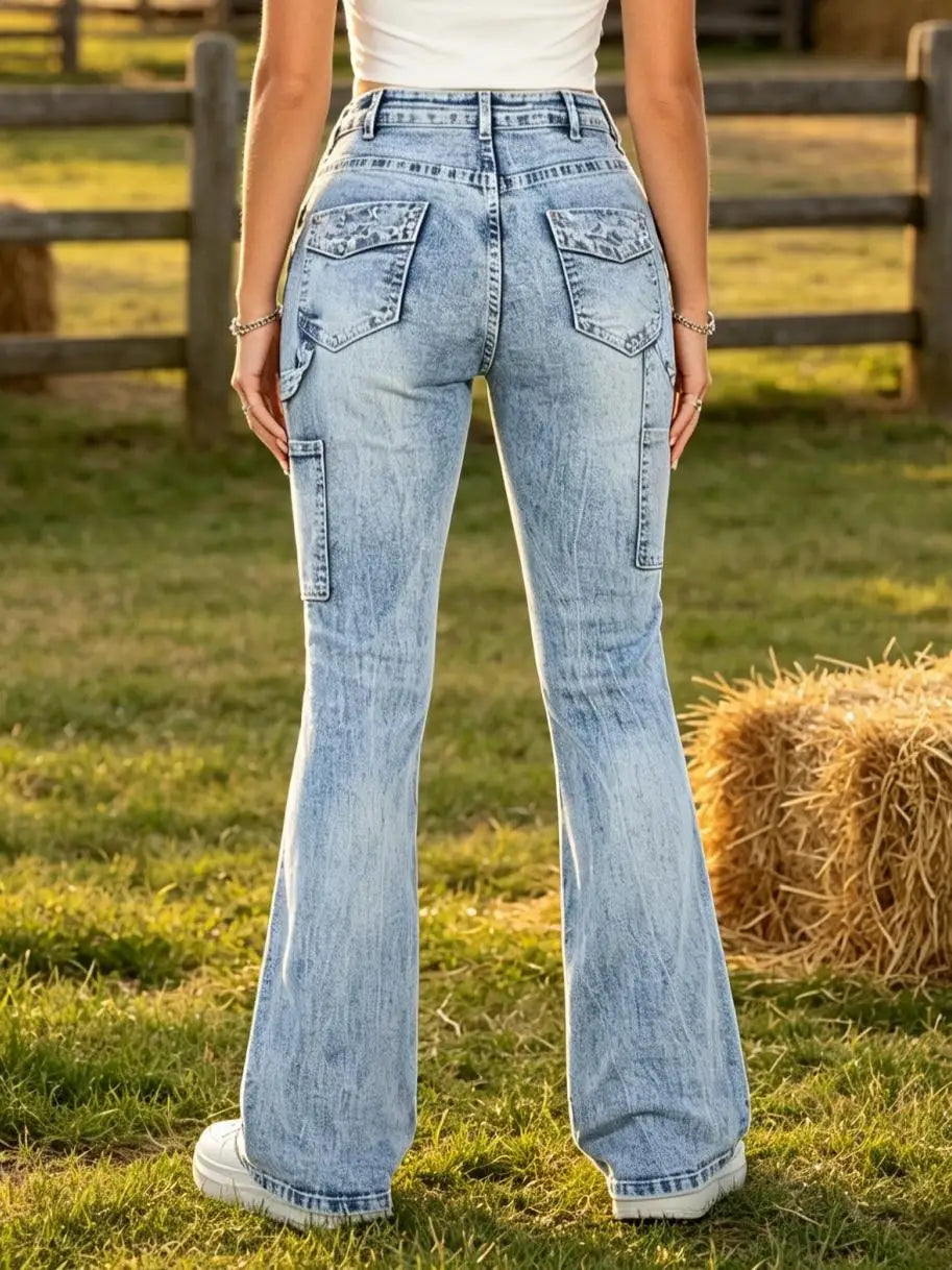 Jeans | Women Carpenter Pocket Design Denim Pants, High Waist Flare Bootcut Denim Jeans, Light Blue Snow Stone Wash, Tummy Control Butt-Lifting Optimize .