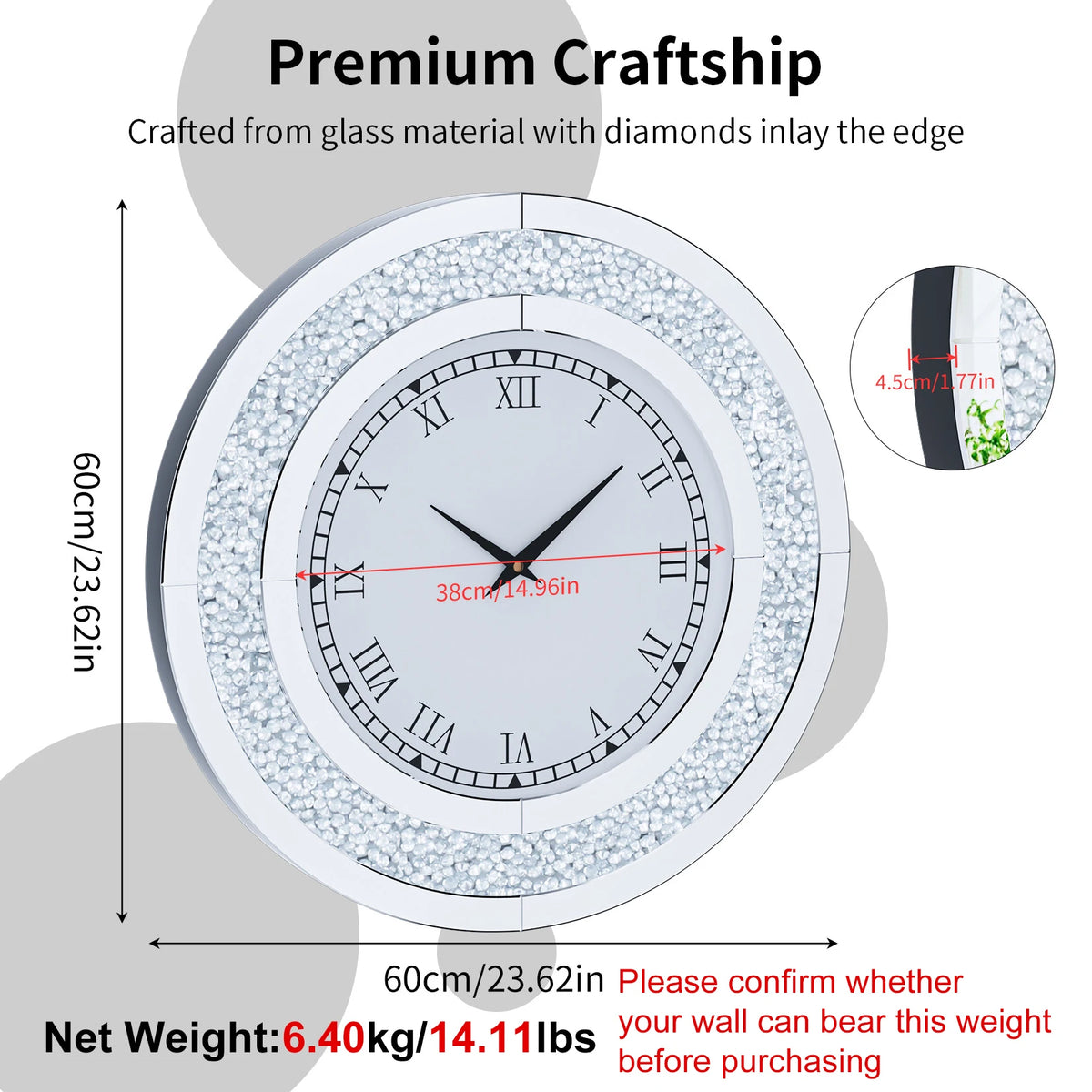 Large Mirror Wall Clock with Crushed Diamond Edge, Sparkling Bling Bling Crystal Round Clock. Luxury Glamorous Home Decor, Silent Non-Ticking Quartz, .