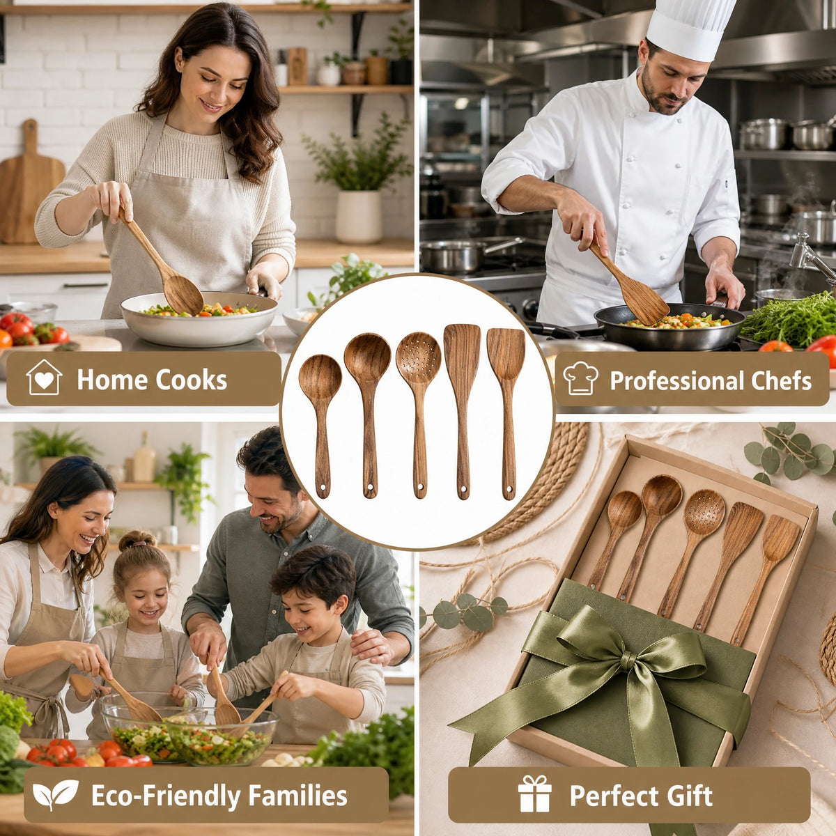 5-Piece Wooden Kitchen Utensils Set, Natural Wood Cooking Spoons and Spatulas, Heat Resistant Non-Stick Cookware .