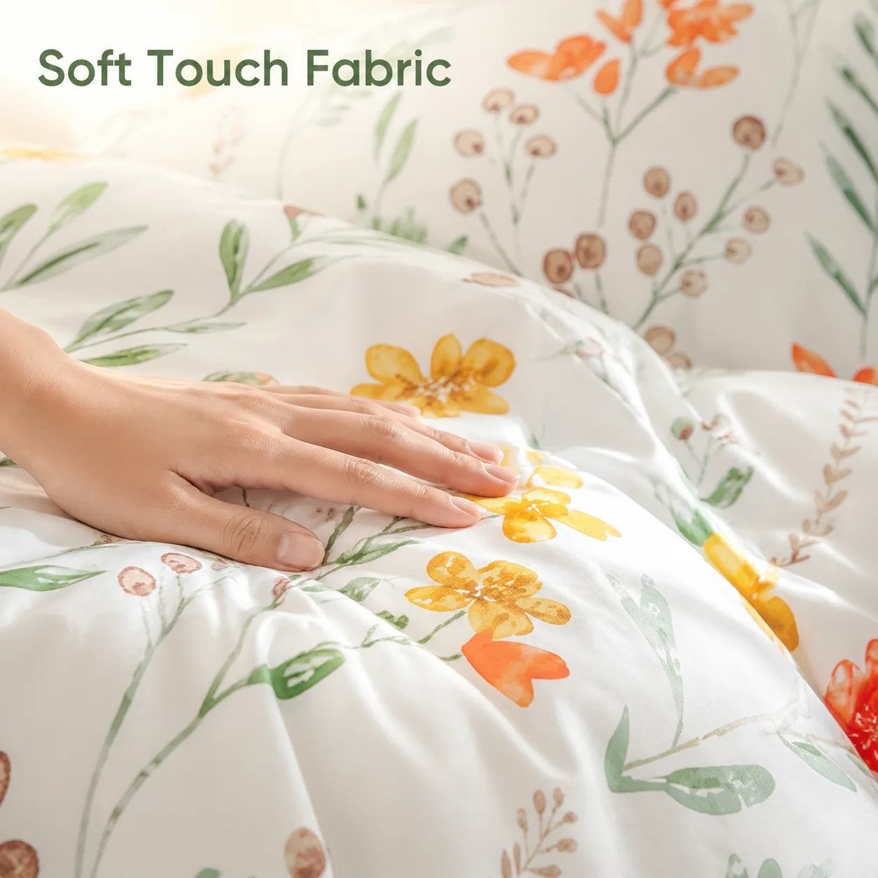 Botanical Floral Duvet Cover Set, Green White Bedding Set, Soft Plant Print Bed Cover with Pillowcases, .