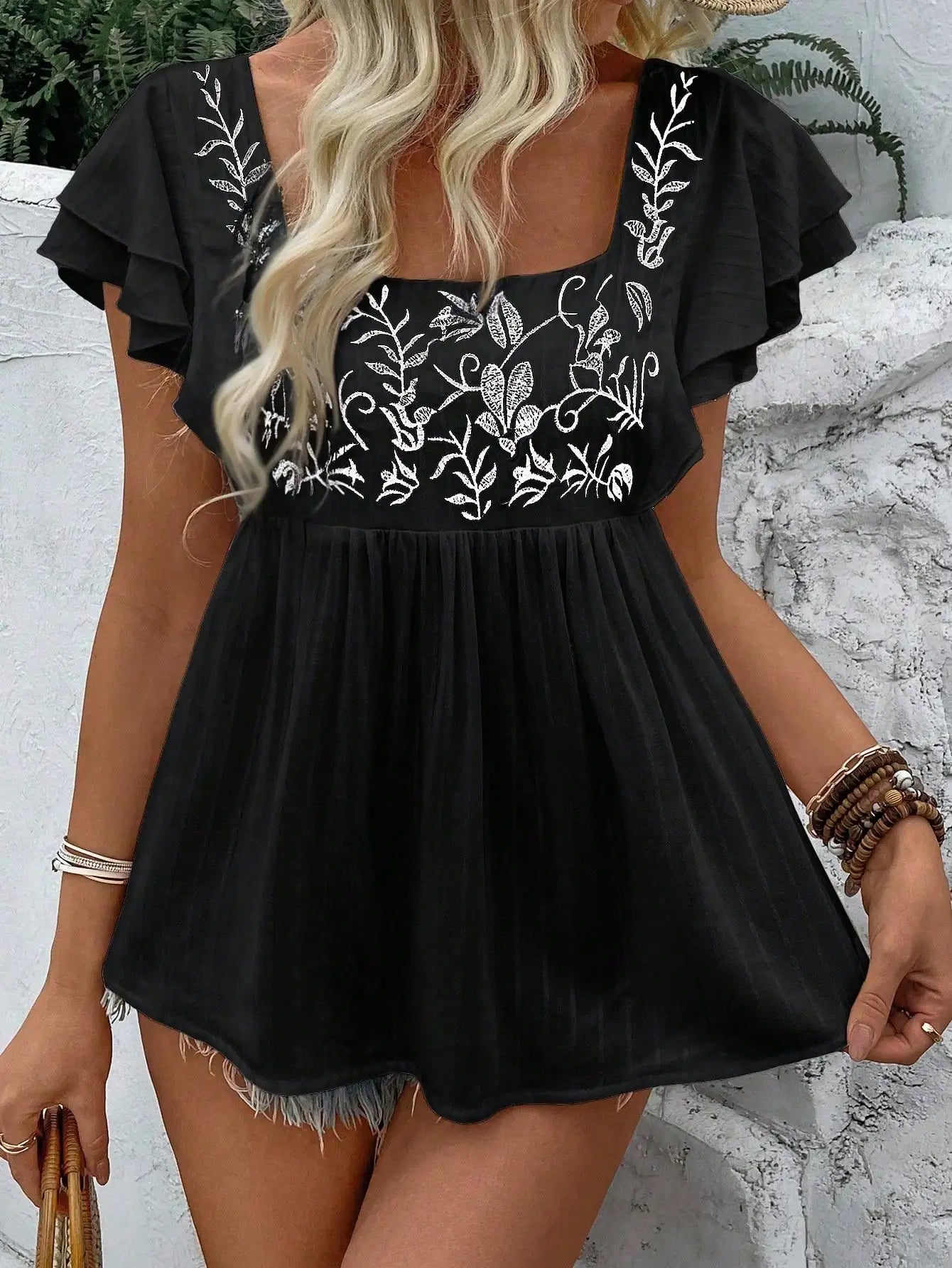 Women's Summer Square Neck Embroidered Short Sleeve Peplum Top