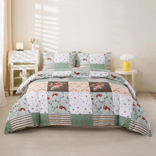 Green Patchwork Printed Duvet Cover Set,., Suitable for All Seasons, Includes 1 Duvet Cover and 1-2 Pillowcases