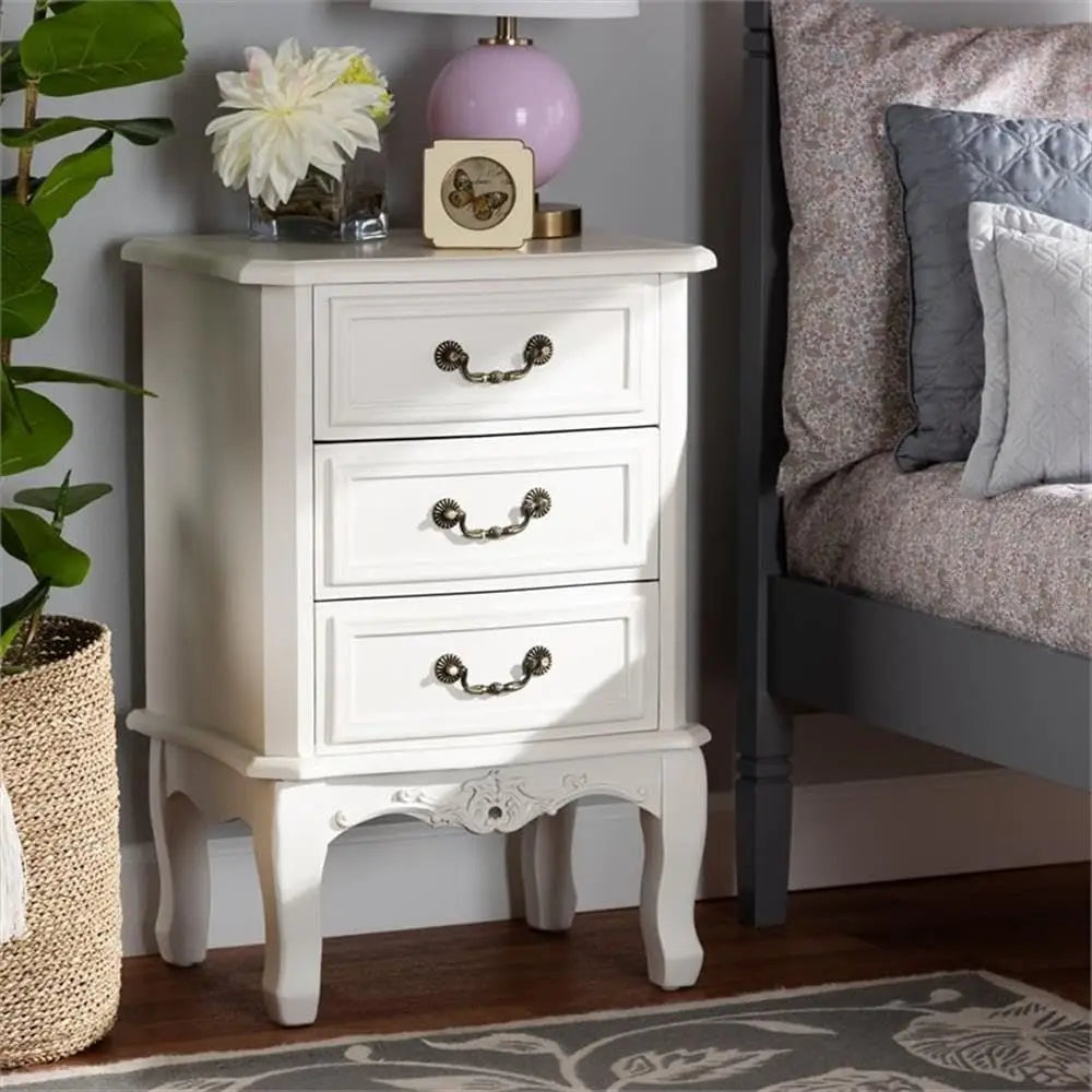 French Provincial Style White Nightstand with Brass Handles