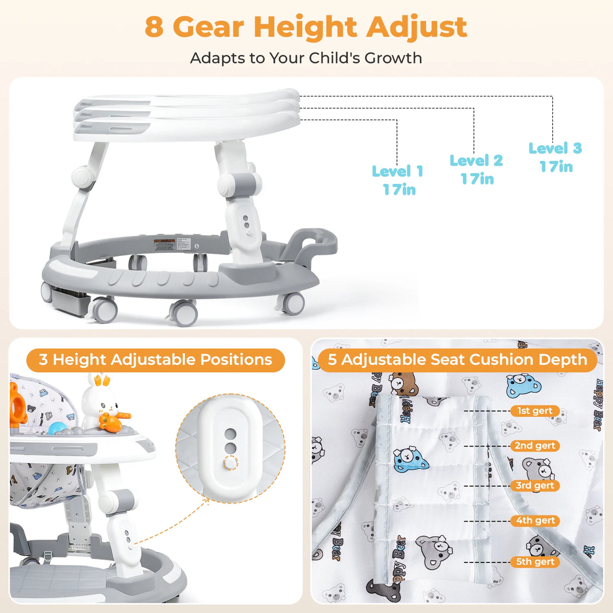 Safety-Enhanced 4-In-1 Grow-With-Me Baby Walker & Play Center - Adjustable 8 Heights, Anti-Tip Base,.