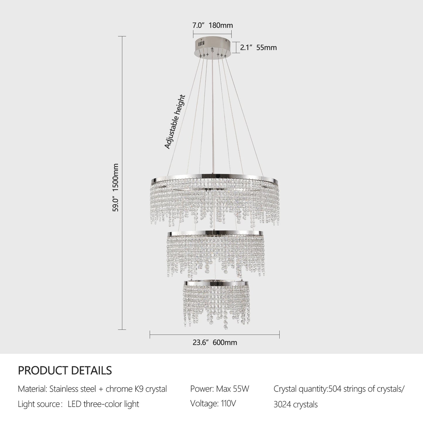 23.6-inch Crystal Chandelier, Dimmable Led Ceiling Lamp, Adjustable Color Temperature