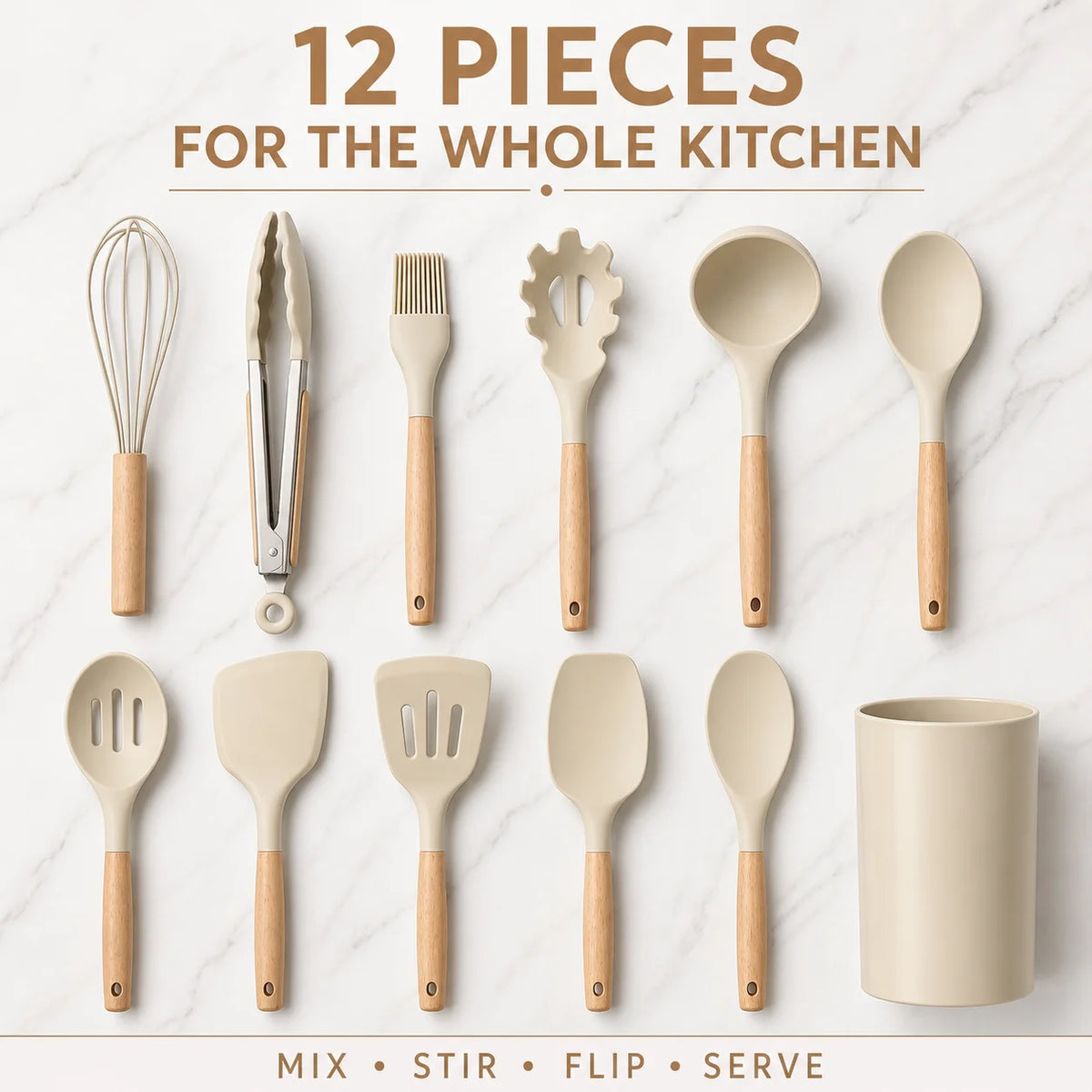 Silicone Kitchen Utensil Set with Holder, Beige Wooden Handle.