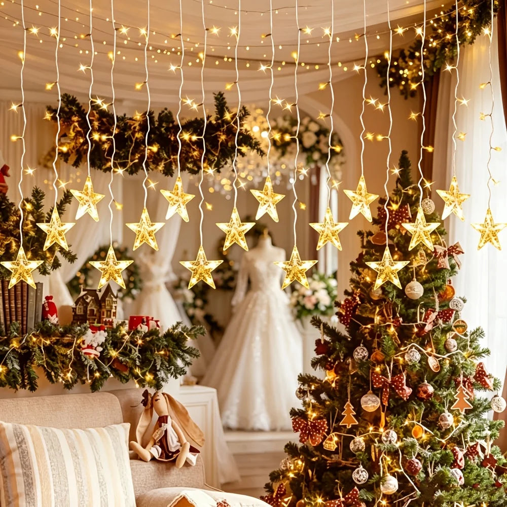 19.05ft Warm White USB- Curtain Lights with 8 Lighting Modes & Multi-Shape String Lights Suitable .(No Curtain Included)