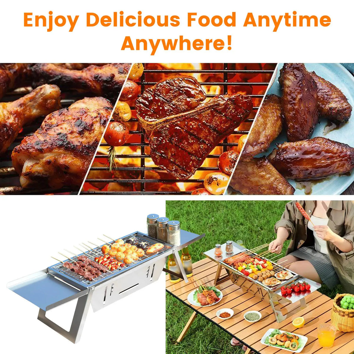 Foldable Charcoal BBQ Grill Stainless Steel Grill. Tabletop Barbecue Grill