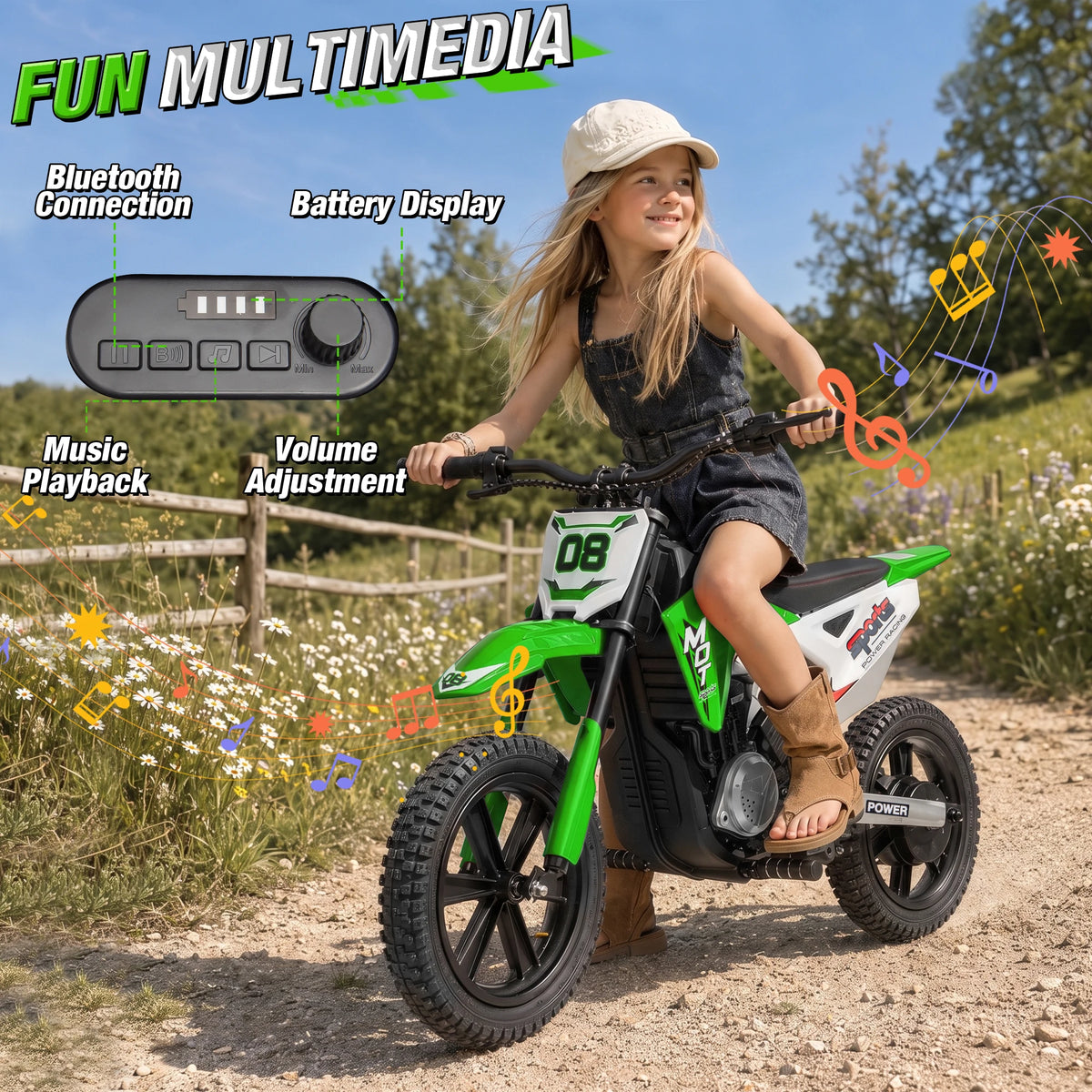 24V Kids Electric Dirt Bike, Powerful Motor 14MPH Ride‑on Motorcycle for Kids, 3‑Speed Adjustable with Disc Brake & Shock Absorption,