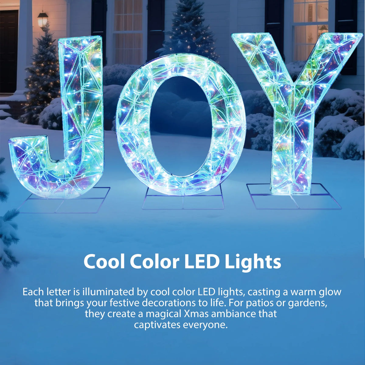 3 Pieces Outdoor Xmas Decor Letters JOY LED Lighted Prism . Metal PVC Lighted.