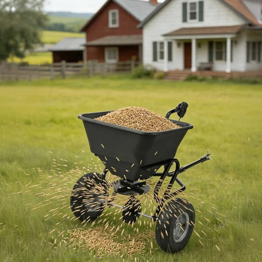 110 LB Capacity Tow Behind Broadcast Spreader .Lawn Fertilizing
