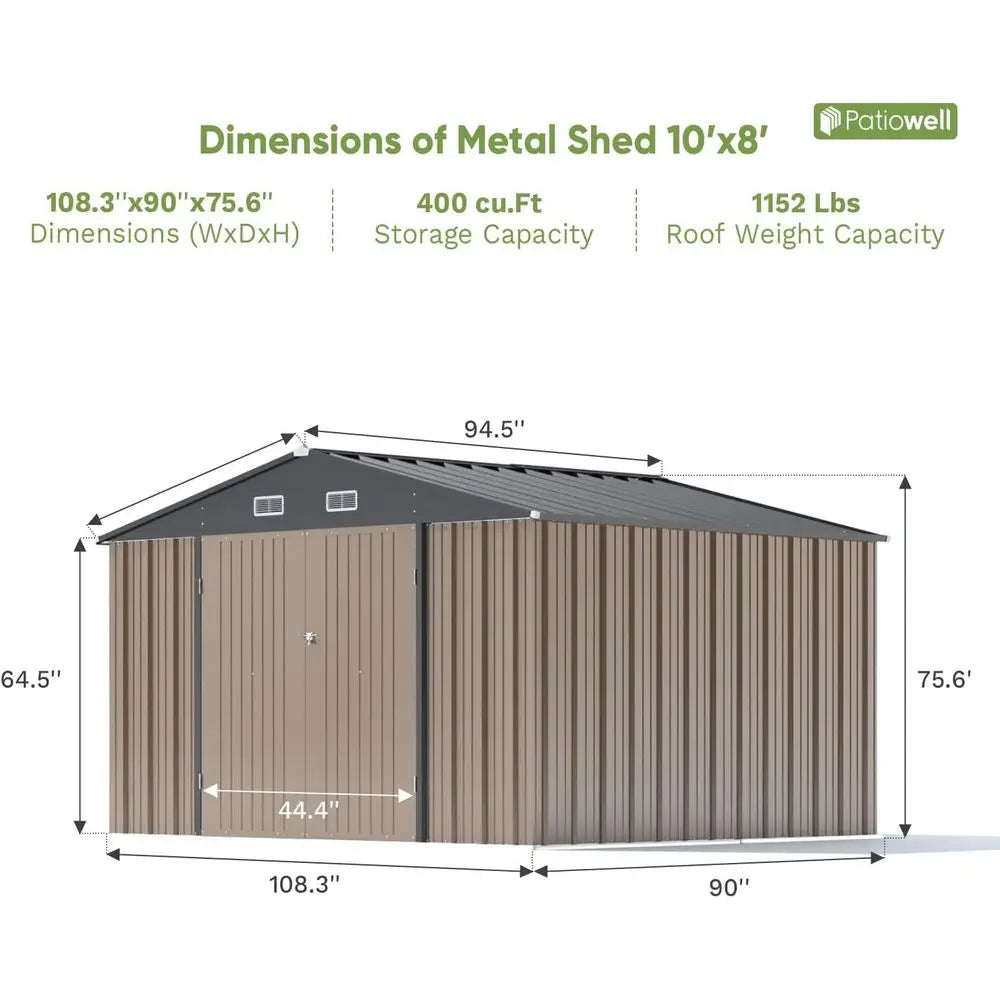 10x8ft Outdoor Storage Shed - Large Metal with Sloping Roof and Double Lockable Doors,