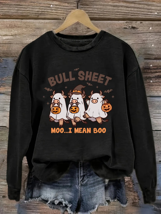 Women's Casual Long Sleeve Crew Neck T-Shirt Halloween Cows With Pumpkins.
