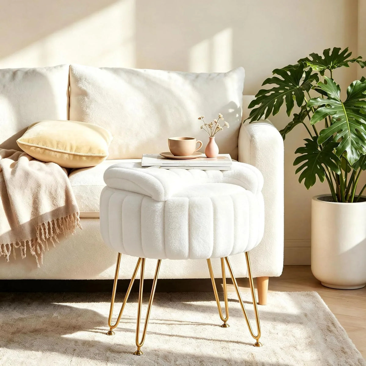 White Faux Fur Vanity Stool Chair with 7.9 Liter Hidden Storage Folding Backrest Thick Padded Seat Gold Metal Legs .