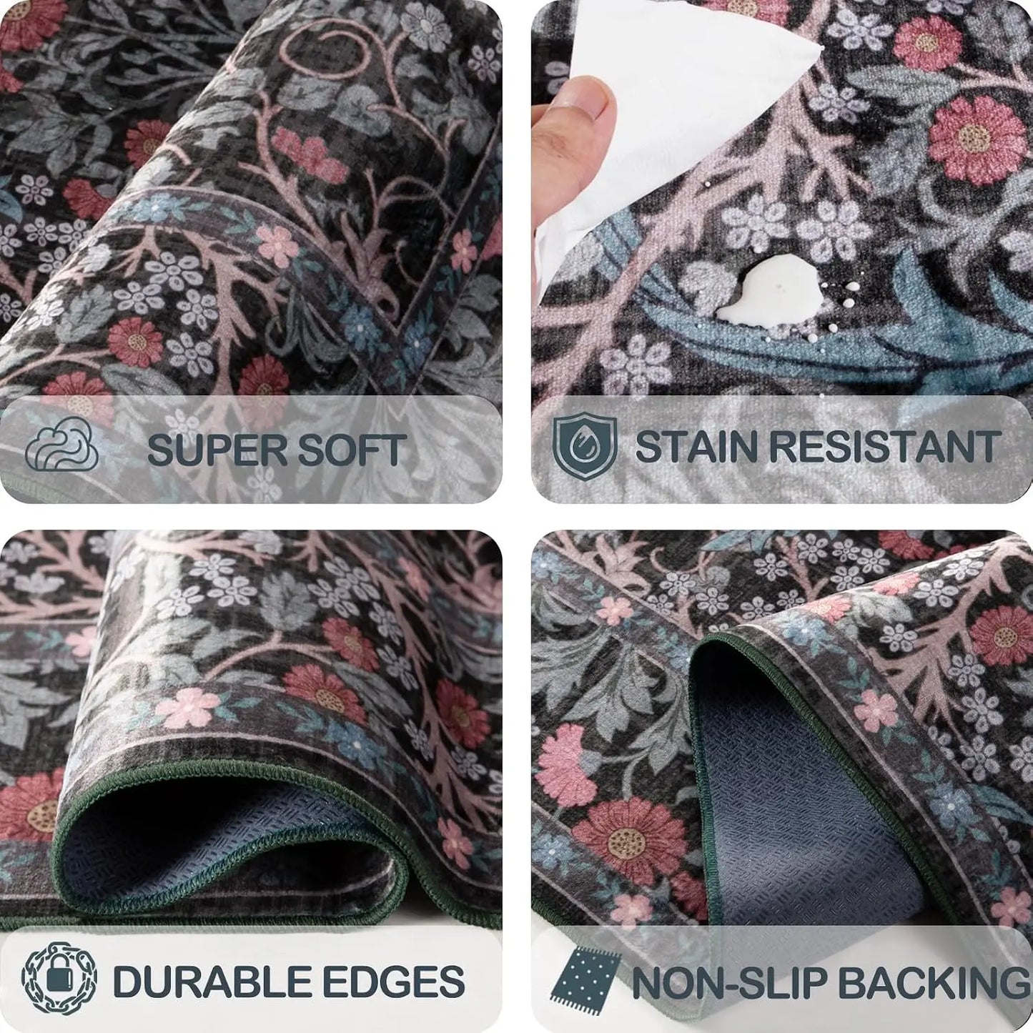 8x10 Washable Vintage Area Rug, Floral Low Pile Non-Slip Carpet.Dark Green