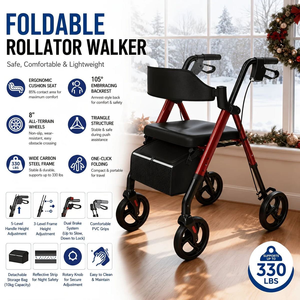 Rollator Walkers For Seniors, Foldable Walker With Seat,. Durable Aluminum, 8" Big Wheels For All