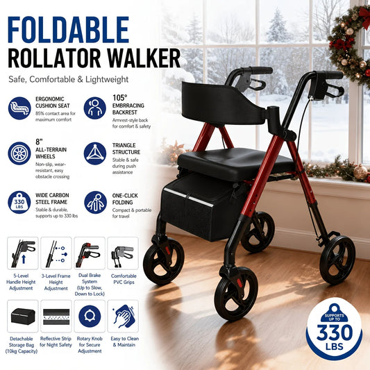 Rollator Walkers For Seniors, Foldable Walker With Seat,. Durable Aluminum, 8" Big Wheels For All