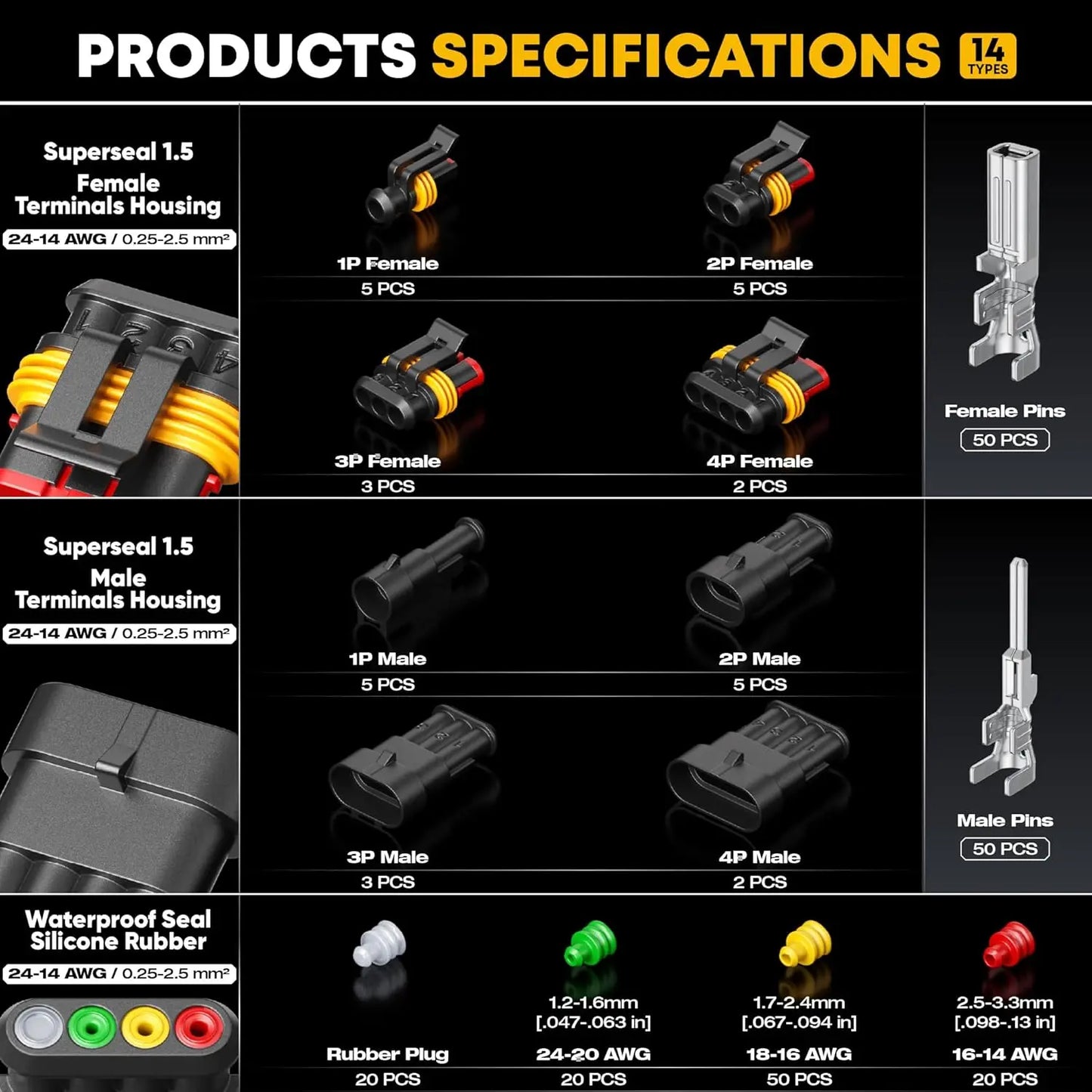 Waterproof Automotive Electrical Connectors Crimping Tool Kit, 1/2/3/4 Pin Plugs, Ratchet Crimper for 24-14 AWG, Removal Tools