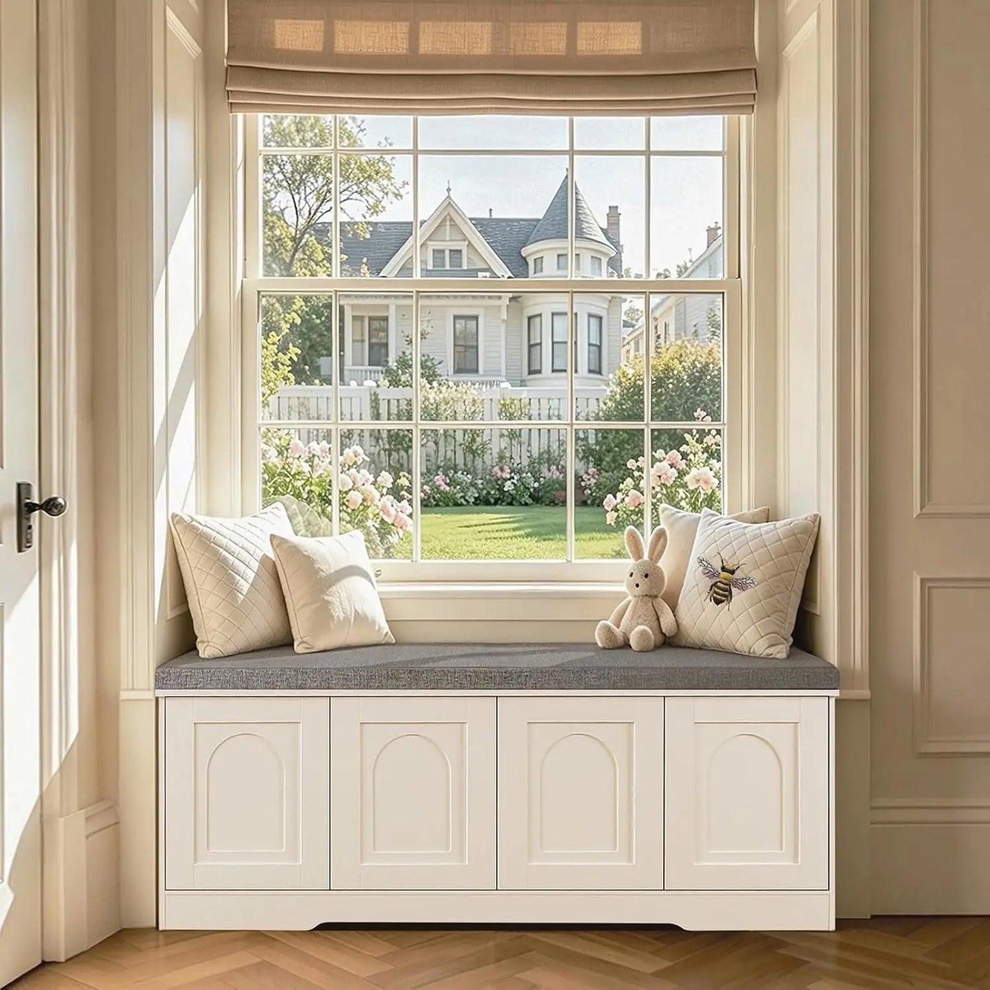 Shoe Bench. Storage Bench With Doors Cushion Two Tier Shoe Rack. White