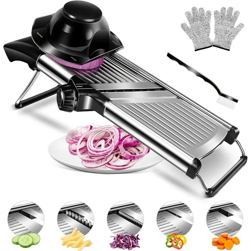 Stainless Steel Mandolin Slicer with 5 Blades & Holder - Safe Hand Guard.